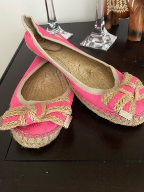 Vince Camuto Bright Pink Canvas Espadrille Flats with Rope Bow Trim